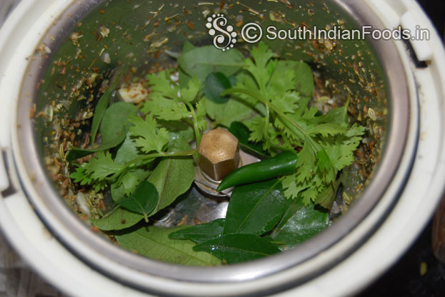 Add curry leaves, coriander leaves, green chilli grind again