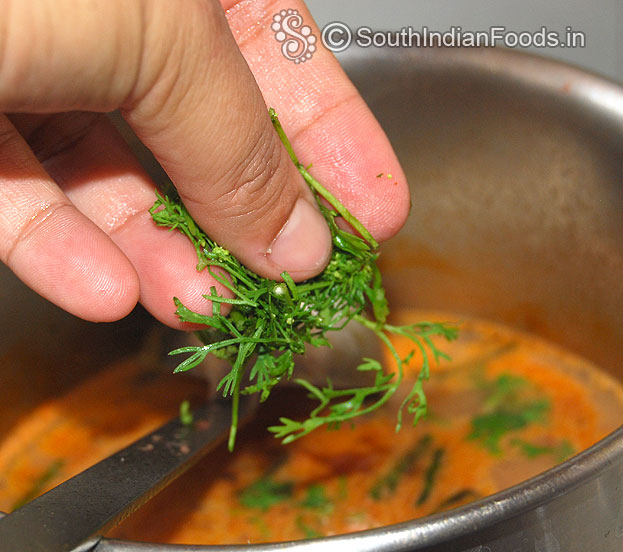 Add coriander leaves, cut off heat