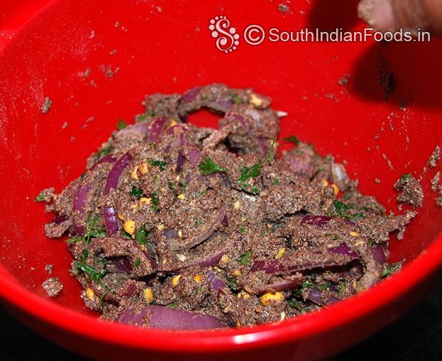 Add water mix well & make soft sticky ragi pakoda mixture