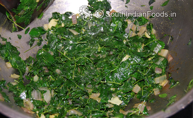 Heat oil in a pan add onion, garlic, drumstick leaves, turmeric powder & salt saute well then add water cook till soft