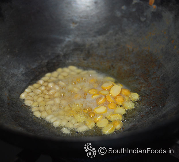 Heat oil in a pan, add chana dal, urad dal