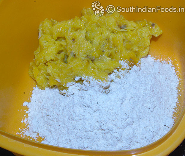 In a bowl add wheat flour, mashed banana