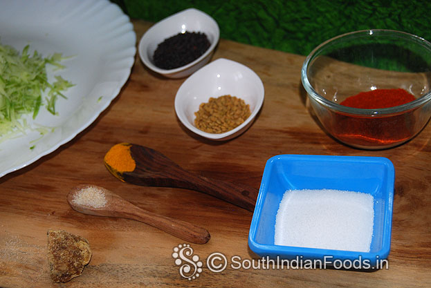 Instant raw mango pickle-ingredients red chilli, turmeric powder, asafetida, salt ,fenugreek, mustard & sesame oil