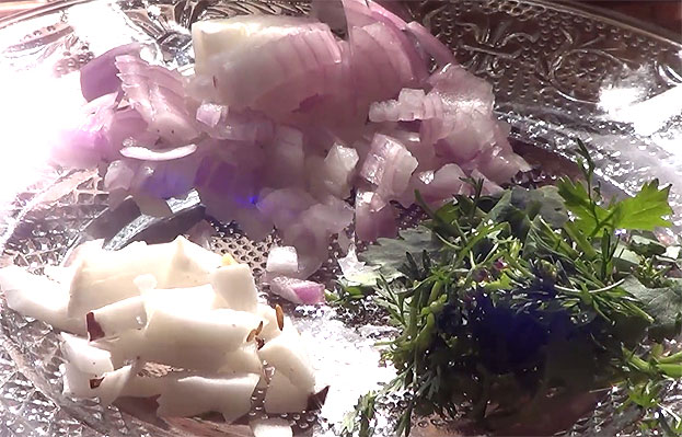 Onion, coriander leaves, coconut