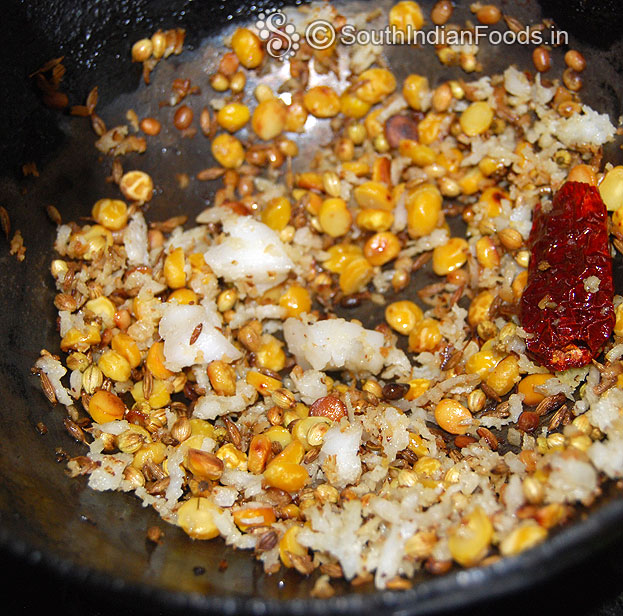 Roast chana dal, urad dal, coriander, cumin, coconut, dry red chilli