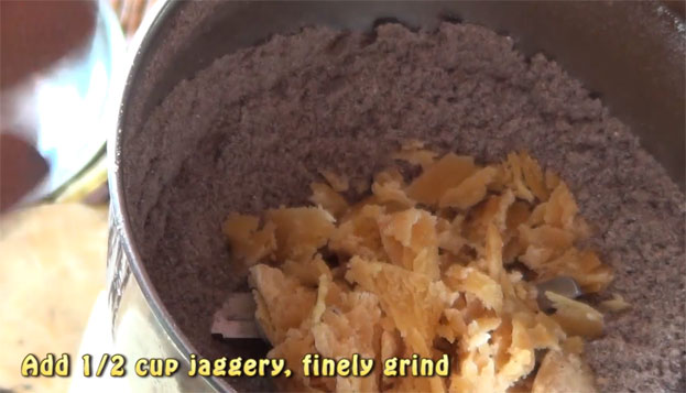 add jaggery, finely grind