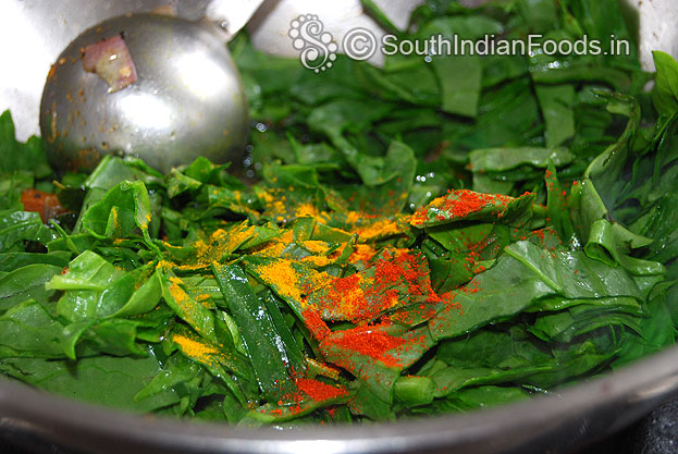Add kodi pasalai keerai, turmeric & red chilli powder saute