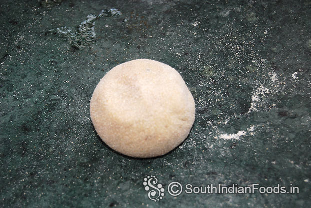 Make equal size balls, sprinkle flour, roll out into thick puri