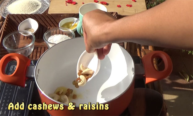 Add cashews & raisins, roast till light brown