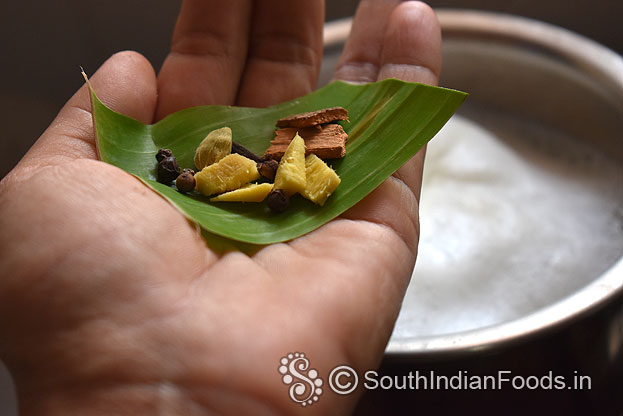 Boil milk, add cardamom, cinnamon, ginger, pepper, cloves