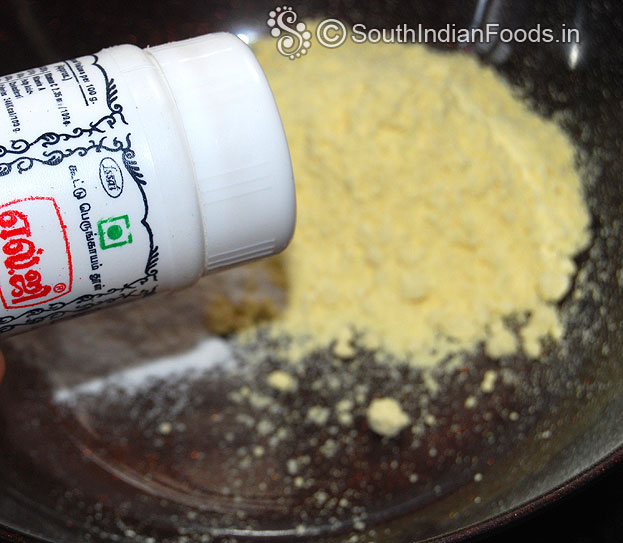 In a bowl add gram flour, rice flour, asafoetida