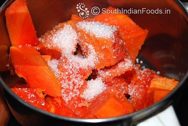 In a blender add papaya, sugar blend well