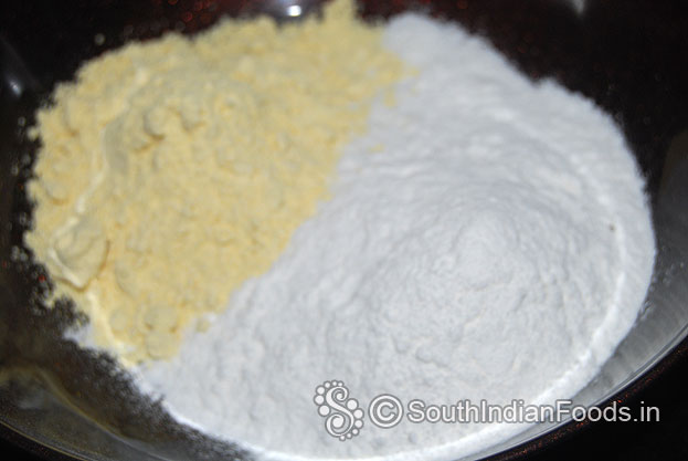 In a bowl add rice flour, gram flour