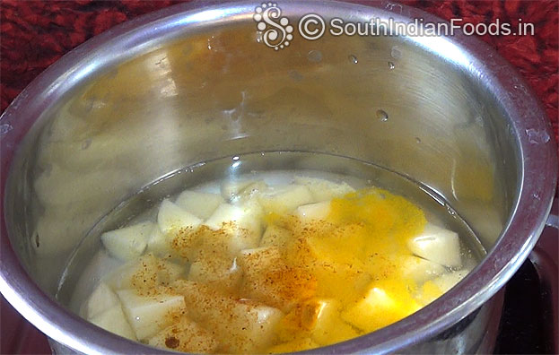 Boil potatoes with turmeric & red chilli powder