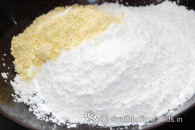 In a bowl add rice flour, gram flour