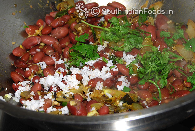 Add coconut, coriander leaves saute