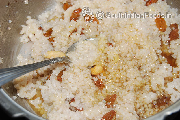 Add melted jaggery, raisins & cashews