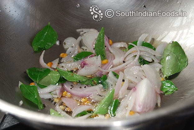 Heat oil add mustard, urad dal, bengal gram, onion, ginger, green chilli, curry leaves, turmeric & red chilli powder saute