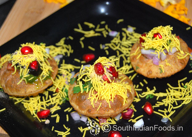 Sev puri with pomegrnate