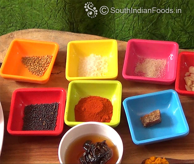 Fenugreek,salt,hing,garlic, mustard,red chilli powder,jaggery, & tamarind