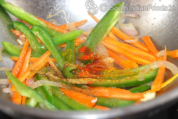 Add carrot, capsicum, red chilli powder, garam masala, salt saute for 2 min