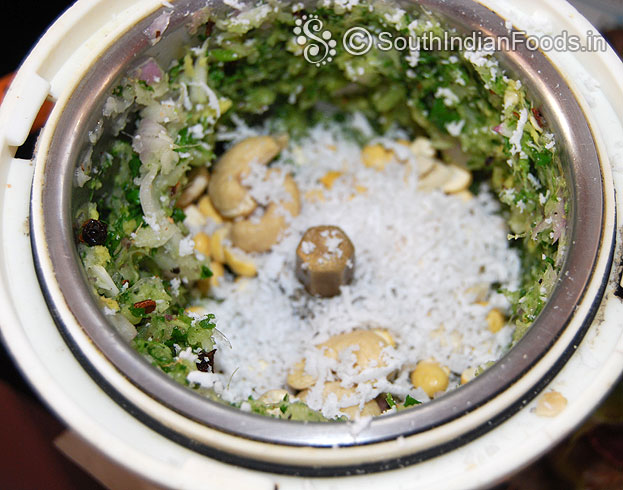 Add coconut, cashews,& roasted gram then grind to fine paste