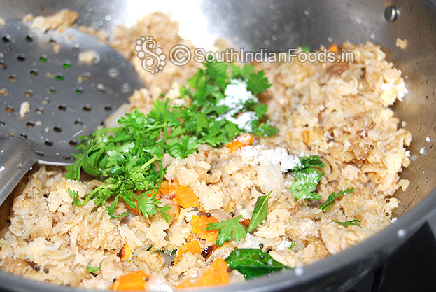 Add salt & coriander leaves mix well then cut off heat
