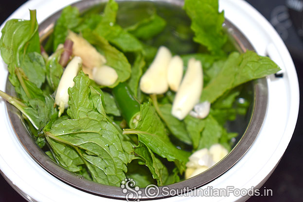 In a mixer jar add, mint, garlic, green chilli and ginger, coarsely grind
