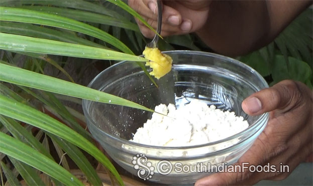 In a bowl add instant gulab jamun mix & ghee