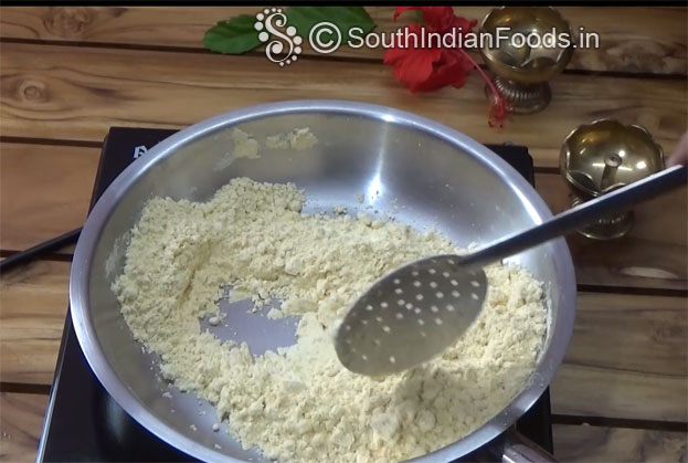 Heat pan add gram flour saute till you get nice aroma