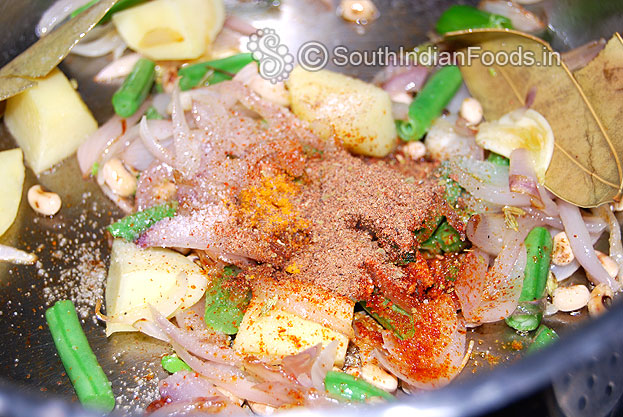 Add salt, turmeric powder, red chilli powder, garam masala powder