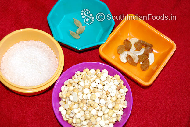 Pottukadalai laddu ingredients- Roasted gram, sugar, cashew nuts, raisins & cardamom