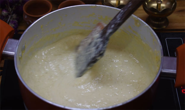 Stir continously on medium flame till it thickens