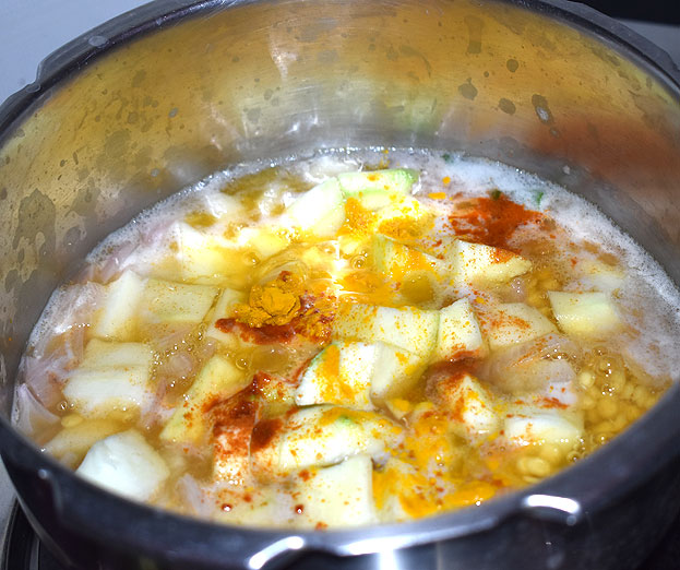 Add asafoetida, turmeric powder, red chilli powder