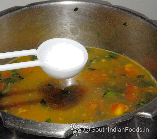 Add salt, cover lid & cook for 4 whistles