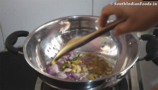Heat pan, add tomato, onion, green chilli, garlic, ginger & green chilli