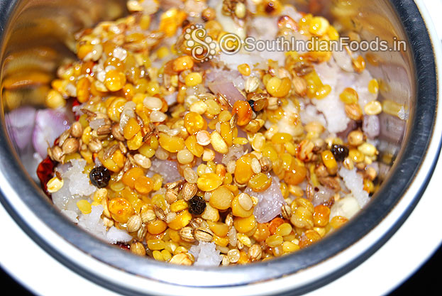 Roasted ingredients in mixer jar-Ready to grind-coarsely grind
