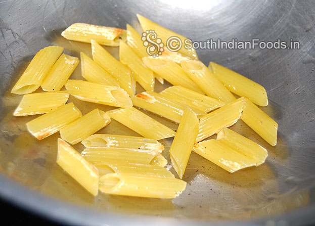 Heat ghee in a pan roast cashewnuts, pistachios, raisins & keep it aside then roast pasta