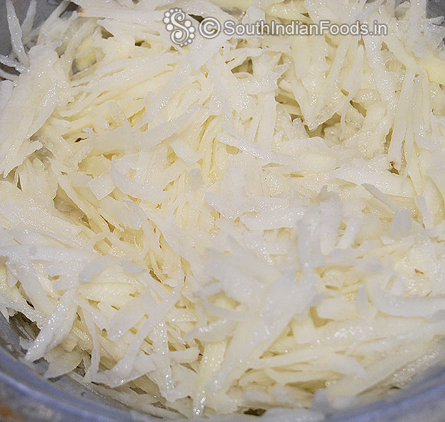 Wash, peel off & grate potato, soak it, squeeze water, then let it dry