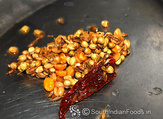 Saute chana dal, urad dal, red chilli, coriander, cumin