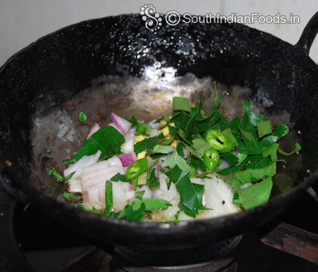 Heat oil, add mustard, chan dal, urad dal, onion, ginger, green chilli, curry leaves