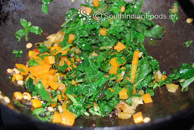 Add carrot, mint, coriander & curry leaves saute for 50 sec then cut off heat