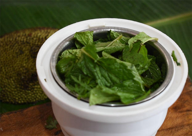Add ginger, garlic, green chilli, coriander, mint leaves