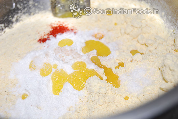 Add ghee and water mix well, knead it, & make soft dough
