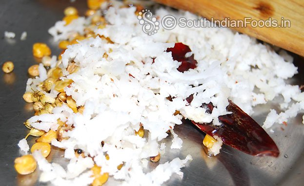 Grinding ingredients[ roasted dry red chilli, bengal gram, coriander seeds, & coconut]