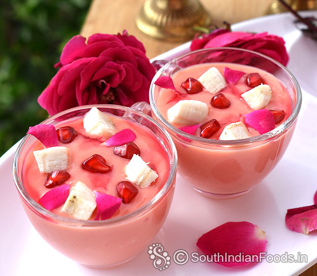 Rose custard with banana pomegranate