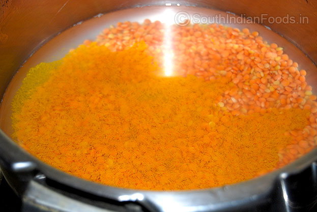 Mixed dals, Turmeric powder and water. 3 whistles in pressure cooker