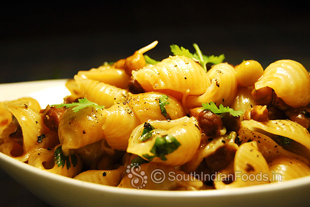 Shell macaroni pasta with sprouts