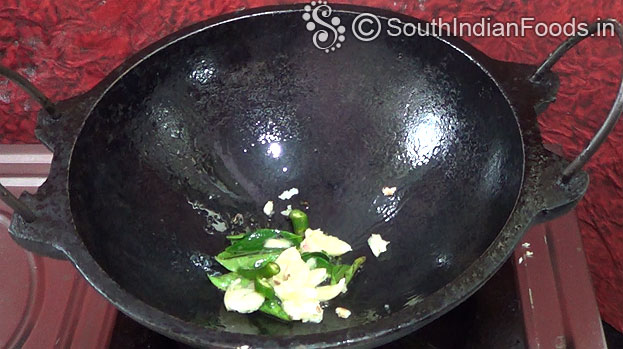 Heat oil, mustard, garlic, green chilli & curry leaves