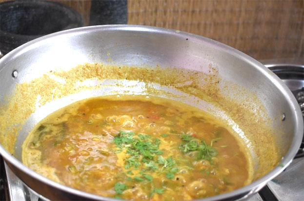 Add coriander leaves, cut off heat